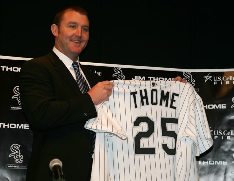 CHICAGO – NOVEMBER 28: Jim Thome, traded to the Chicago White Sox from the Philadelphia Phillies last week, displays his new jersey at a press conference at U.S. Cellular Field on November 28, 2005 in Chicago, Illinois. (Photo by Jonathan Daniel/Getty Images)