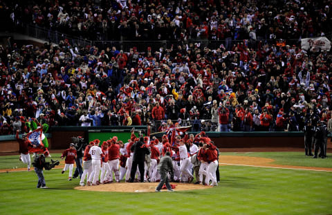 PHILADELPHIA – OCTOBER 29: The Philadelphia Phillies celebrate with their fans after they won 4-3 against the Tampa Bay Rays during the continuation of game five of the 2008 MLB World Series on October 29, 2008 at Citizens Bank Park in Philadelphia, Pennsylvania. (Photo by Jeff Zelevansky/Getty Images)