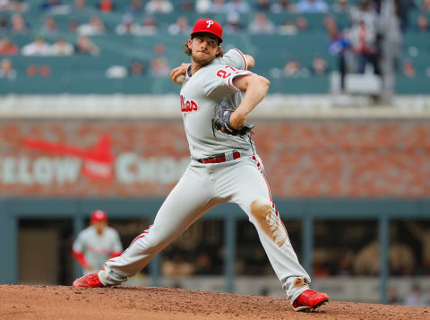 ATLANTA, GA – MARCH 29: Aaron Nola #27 of the Philadelphia Phillies pitches in the fourth inning against the Atlanta Braves at SunTrust Park on March 29, 2018 in Atlanta, Georgia. (Photo by Kevin C. Cox/Getty Images)