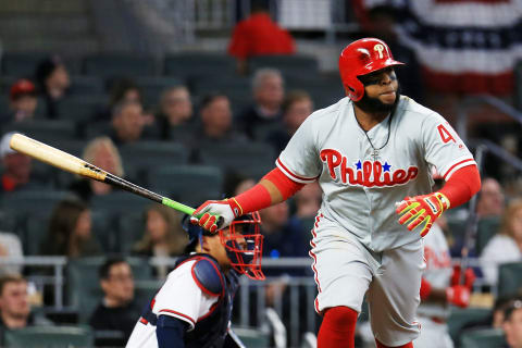 ATLANTA, GA – MARCH 30: Carlos Santana #41 of the Philadelphia Phillies drives in a run during the third inning against the Atlanta Braves at SunTrust Park on March 30, 2018 in Atlanta, Georgia. (Photo by Daniel Shirey/Getty Images)