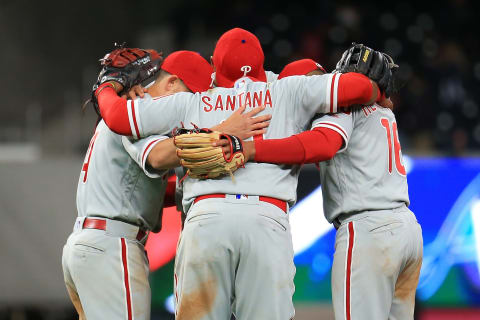 ATLANTA, GA – MARCH 30: Carlos Santana #41 of the Philadelphia Phillies celebrates with his teammates after beating the Atlanta Braves in eleven innings at SunTrust Park on March 30, 2018 in Atlanta, Georgia. (Photo by Daniel Shirey/Getty Images)