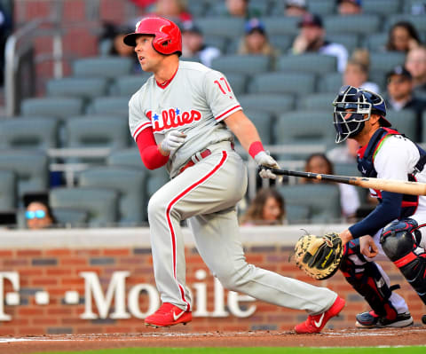 ATLANTA, GA – MARCH 32: Rhys Hoskins #17 of the Philadelphia Phillies hits a first inning single to knock in a run against the Atlanta Braves at SunTrust Park on March 31, 2018 in Atlanta, Georgia. (Photo by Scott Cunningham/Getty Images)