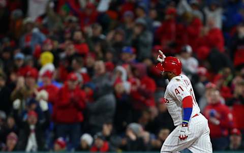 PHILADELPHIA, PA – APRIL 07: Carlos Santana #41 of the Philadelphia Phillies gestures after hitting a three-run home run during the fourth inning of a game against the Miami Marlins at Citizens Bank Park on April 7, 2018 in Philadelphia, Pennsylvania. (Photo by Rich Schultz/Getty Images)