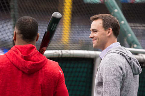 PHILADELPHIA, PA – APRIL 24: Carlos Santana #41 of the Philadelphia Phillies talks to General Manager Matt Klentak prior to the game against the Arizona Diamondbacks at Citizens Bank Park on April 24, 2018 in Philadelphia, Pennsylvania. (Photo by Mitchell Leff/Getty Images)