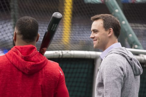 PHILADELPHIA, PA – APRIL 24: Carlos Santana #41 of the Philadelphia Phillies talks to General Manager Matt Klentak prior to the game against the Arizona Diamondbacks at Citizens Bank Park on April 24, 2018 in Philadelphia, Pennsylvania. (Photo by Mitchell Leff/Getty Images)