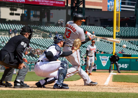 DETROIT, MI – APRIL 18: Manny Machado #13 of the Baltimore Orioles hits an hits an RBI single in the eighth inning against the Detroit Tigers during a MLB game at Comerica Park on April 18, 2018 in Detroit, Michigan. The Tigers defeated the Orioles 6-2. (Photo by Dave Reginek/Getty Images)