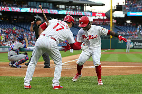 PHILADELPHIA, PA – MAY 11: Odubel Herrera #37 of the Philadelphia Phillies is congratulated by Rhys Hoskins #17 after hitting a home run against the New York Mets during the first inning of a game against the New York Mets at Citizens Bank Park on May 11, 2018 in Philadelphia, Pennsylvania. (Photo by Rich Schultz/Getty Images)