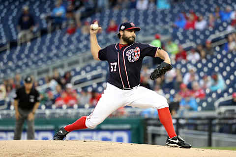 WASHINGTON, DC – JUNE 22 : Starting pitcher Tanner Roark #57 of the Washington Nationals throws to a Philadelphia Phillies batter in the first inning at Nationals Park on June 22, 2018 in Washington, DC. (Photo by Rob Carr/Getty Images)