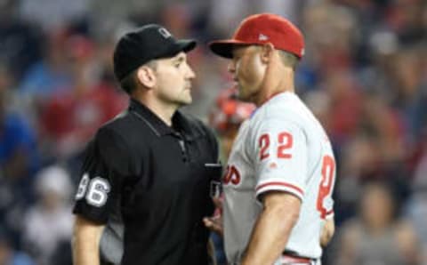 WASHINGTON, DC – JUNE 24: Gabe Kapler #22 of the Philadelphia Phillies discusses a call with home plate umpire David Rackley #86 in the fifth inning of the game against the Washington Nationals at Nationals Park on June 24, 2018 in Washington, DC. (Photo by Greg Fiume/Getty Images)