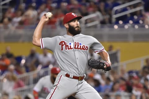 MIAMI, FL – JULY 13: Jake Arrieta #49 of the Philadelphia Phillies throws a pitch during the second inning of the game against the Miami Marlins at Marlins Park on July 13, 2018 in Miami, Florida. (Photo by Eric Espada/Getty Images)