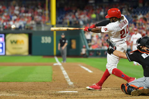 PHILADELPHIA, PA – AUGUST 03: Roman Quinn #24 of the Philadelphia Phillies hits a two run double in the eighth inning against the Miami Marlins at Citizens Bank Park on August 3, 2018 in Philadelphia, Pennsylvania. (Photo by Drew Hallowell/Getty Images)