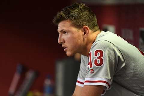 PHOENIX, AZ – AUGUST 07: Nick Pivetta #43 of the Philadelphia Phillies sits in the dugout during the first inning of the MLB game against the Arizona Diamondbacks at Chase Field on August 7, 2018 in Phoenix, Arizona. (Photo by Jennifer Stewart/Getty Images)