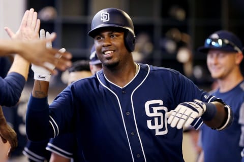 MILWAUKEE, WI – AUGUST 09: Franmil Reyes #32 of the San Diego Padres celebrates with teammates after hitting a home run in the ninth inning against the Milwaukee Brewers at Miller Park on August 9, 2018 in Milwaukee, Wisconsin. (Photo by Dylan Buell/Getty Images)