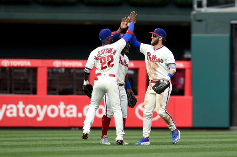 Rhys Hoskins, Alec Bohm, Neil Walker and Didi Gregorius (Photo by Rich Schultz/Getty Images)