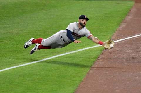 BALTIMORE, MD – AUGUST 21: Kevin Pillar #5 of the Boston Red Sox catches a foul ball hit by Pedro Severino #28 (not pictured) of the Baltimore Orioles in the fourth inning at Oriole Park at Camden Yards on August 21, 2020 in Baltimore, Maryland. (Photo by Greg Fiume/Getty Images)