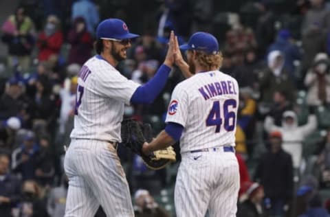 Kris Bryant #17 of the Chicago Cubs celebrates with Craig Kimbrel #46 (Photo by Nuccio DiNuzzo/Getty Images)