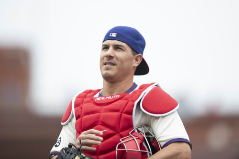 J.T. Realmuto #10 of the Philadelphia Phillies (Photo by Mitchell Leff/Getty Images)