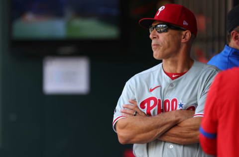 NEW YORK, NY - JUNE 26: Manager Joe Girardi #25 of the Philadelphia Phillies in action during a game against the New York Mets at Citi Field on June 26, 2021 in New York City. The Mets defeated the Phillies 4-3. (Photo by Rich Schultz/Getty Images)