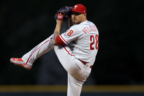 DENVER, CO – SEPTEMBER 25: Starting pitcher Vince Velasquez #28 of the Philadelphia Phillies throws in the first inning against the Colorado Rockies at Coors Field on September 25, 2018 in Denver, Colorado. (Photo by Matthew Stockman/Getty Images)