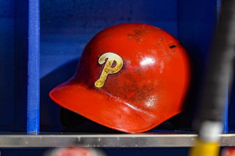 MIAMI, FL – JULY 13: A detailed view of a Philadelphia Phillies batting helmet in the dugout before the start of the game against the Miami Marlins at Marlins Park on July 13, 2018 in Miami, Florida. (Photo by Eric Espada/Getty Images)