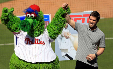 CLEARWATER, FLORIDA – MARCH 02: Bryce Harper is introduced to the Philadelphia Phillies during a press conference at Spectrum Stadium on March 02, 2019 in Clearwater, Florida. (Photo by Mike Ehrmann/Getty Images)