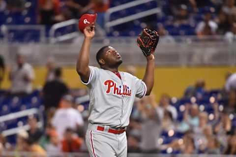 MIAMI, FL – SEPTEMBER 01: Hector Neris #50 of the Philadelphia Phillies celebrates after defeating the Miami Marlins at Marlins Park on September 1, 2017 in Miami, Florida. (Photo by Eric Espada/Getty Images)