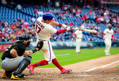 PHILADELPHIA, PA – APRIL 21: Rhys Hoskins #17 of the Philadelphia Phillies hits a three-run home run against the Pittsburgh Pirates during the sixth inning at Citizens Bank Park on April 21, 2018 in Philadelphia, Pennsylvania. (Photo by Miles Kennedy/Philadelphia Phillies/Getty Images)