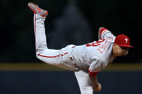 DENVER, CO – SEPTEMBER 25: Starting pitcher Vince Velasquez #28 of the Philadelphia Phillies throws in the first inning against the Colorado Rockies at Coors Field on September 25, 2018 in Denver, Colorado. (Photo by Matthew Stockman/Getty Images)