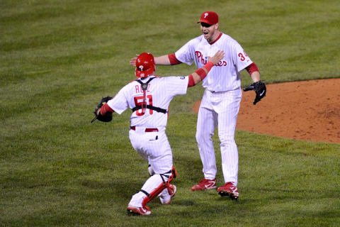 PHILADELPHIA – OCTOBER 06: Roy Halladay #34 of the Philadelphia Phillies celebrates with Carlos Ruiz #51 after throwing a no hitter against the Cincinnati Reds on October 6, 2010 during Game 1 of the NLDS at Citizens Bank Park in Philadelphia, Pennsylvania. The Phillies defeated the Reds 4-0. (Photo by: Rob Tringali/SportsChrome/Getty Images)