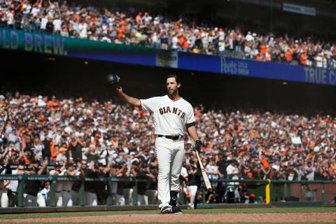 SAN FRANCISCO, CALIFORNIA – SEPTEMBER 29: Pinch hitter Madison Bumgarner #40 of the San Francisco Giants acknowledges the fans before batting in the bottom of the fifth inning against the Los Angeles Dodgers at Oracle Park on September 29, 2019 in San Francisco, California. (Photo by Lachlan Cunningham/Getty Images)