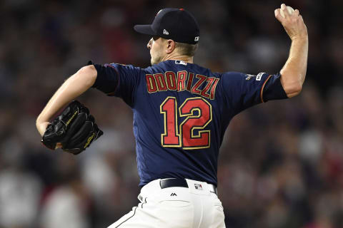 MINNEAPOLIS, MINNESOTA – OCTOBER 07: Jake Odorizzi #12 of the Minnesota Twins throws a pitch against the New York Yankees in the first inning of game three of the American League Division Series at Target Field on October 07, 2019 in Minneapolis, Minnesota. (Photo by Hannah Foslien/Getty Images)