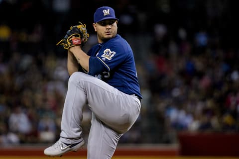 PHOENIX, ARIZONA – JULY 19: Jhoulys Chacin #45 of the Milwaukee Brewers delivers a pitch in the first inning of the MLB game against the Arizona Diamondbacks at Chase Field on July 19, 2019 in Phoenix, Arizona. The Diamondbacks won 10-7. (Photo by Jennifer Stewart/Getty Images)