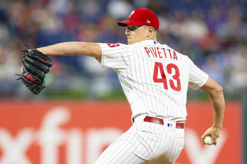 PHILADELPHIA, PA – SEPTEMBER 09: Nick Pivetta #43 of the Philadelphia Phillies throws a pitch against the Atlanta Braves at Citizens Bank Park on September 9, 2019 in Philadelphia, Pennsylvania. (Photo by Mitchell Leff/Getty Images)