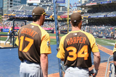 SAN DIEGO, CA - JULY 12: Kris Bryant #17 of the Chicago Cubs and Bryce Harper #34 of the Washington Nationals stand together at the batting cage prior to the 87th MLB All-Star Game at PETCO Park on July 12, 2016 in San Diego, California. The American League defeated the National League 4-2. (Photo by Mark Cunningham/MLB Photos via Getty Images)