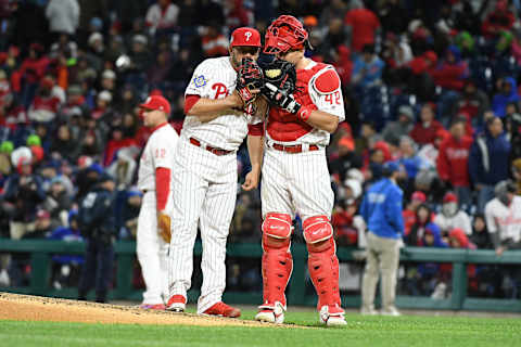 PHILADELPHIA, PA – APRIL 15: Philadelphia Phillies catcher J.T. Realmuto (10) confers with Philadelphia Phillies relief pitcher Jose Alvarez (52) during the game between the New York Mets and the Philadelphia Phillies on April 15, 2019 at Citizens Bank Park in Philadelphia, PA. (Photo by Andy Lewis/Icon Sportswire via Getty Images)