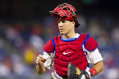 PHILADELPHIA, PA – SEPTEMBER 09: J.T. Realmuto #10 of the Philadelphia Phillies looks on against the Atlanta Braves at Citizens Bank Park on September 9, 2019 in Philadelphia, Pennsylvania. (Photo by Mitchell Leff/Getty Images)