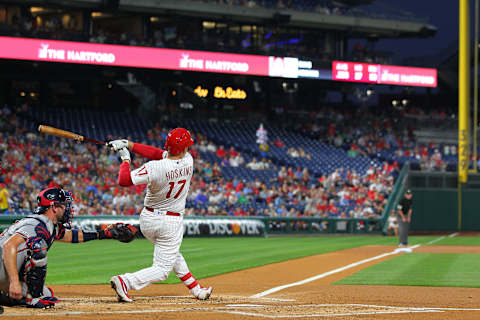 PHILADELPHIA, PA – SEPTEMBER 11: Rhys Hoskins #17 of the Philadelphia Phillies in action against the Atlanta Braves during a game at Citizens Bank Park on September 11, 2019 in Philadelphia, Pennsylvania. (Photo by Rich Schultz/Getty Images)