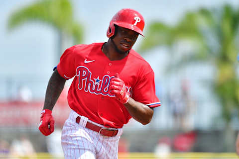 CLEARWATER, FLORIDA – MARCH 05: Roman Quinn #24 of the Philadelphia Phillies runs the bases after hitting a home run off of Tanner Roark #14 of the Toronto Blue Jays during the first inning of a Grapefruit League spring training game at Spectrum Field on March 05, 2020 in Clearwater, Florida. (Photo by Julio Aguilar/Getty Images)