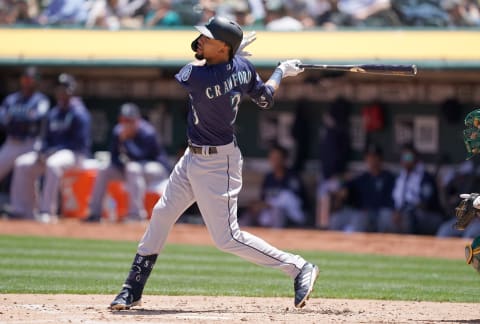 OAKLAND, CA – MAY 25: J.P. Crawford #3 of the Seattle Mariners bats against the Oakland Athletics in the top of the third inning of a Major League Baseball game at Oakland-Alameda County Coliseum on May 25, 2019 in Oakland, California. (Photo by Thearon W. Henderson/Getty Images)