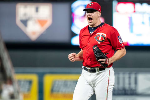 MINNEAPOLIS, MN – SEPTEMBER 20: Trevor May #65 of the Minnesota Twins celebrates against the Kansas City Royals on September 20, 2019 at the Target Field in Minneapolis, Minnesota. The Twins defeated the Royals 4-3.  Phillies (Photo by Brace Hemmelgarn/Minnesota Twins/Getty Images)