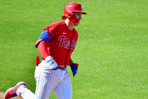 CLEARWATER, FLORIDA – MARCH 01: Bryson Stott #73 of the Philadelphia Phillies runs to first after hitting a single in the sixth inning against the Baltimore Orioles during a spring training game at Baycare Ballpark on March 01, 2021 in Clearwater, Florida. (Photo by Julio Aguilar/Getty Images)