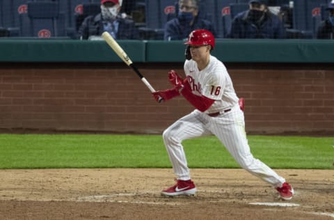 PHILADELPHIA, PA - APRIL 19: Mickey Moniak #16 of the Philadelphia Phillies bats against the San Francisco Giants at Citizens Bank Park on April 19, 2021 in Philadelphia, Pennsylvania. The Giants defeated the Phillies 2-0. (Photo by Mitchell Leff/Getty Images)