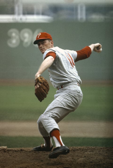 UNSPECIFIED – CIRCA 1964: Pitcher Jim Bunning #14 of the Philadelphia Phillies pitches during an Major League Baseball game circa 1964. Bunning played for the Phillies from 1964-67. (Photo by Focus on Sport/Getty Images)