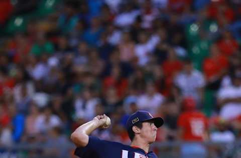 DAVID, PANAMA - AUGUST 19: Andrew Painter #24 of United States pitches in the 2nd inning during the final match of WSBC U-15 World Cup Super Round at Estadio Kenny Serracin on August 19, 2018 in David, Panama. (Photo by Hector Vivas/Getty Images)