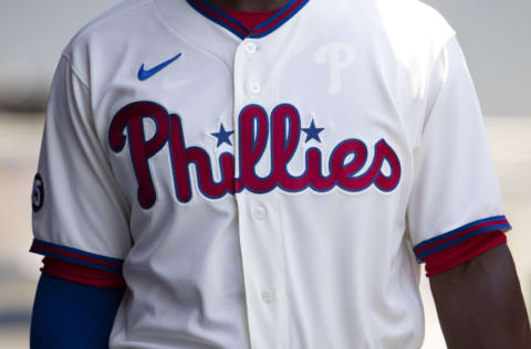 PHILADELPHIA, PA - MAY 23: A detailed view of the Philadelphia Phillies logo against the Boston Red Sox at Citizens Bank Park on May 23, 2021 in Philadelphia, Pennsylvania. The Phillies defeated the Red Sox 6-2. (Photo by Mitchell Leff/Getty Images)