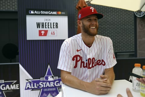 DENVER, COLORADO – JULY 12: Zack Wheeler #45 of the Philadelphia Phillies speaks to the media during the Gatorade All-Star Workout Day at Coors Field on July 12, 2021 in Denver, Colorado. (Photo by Dustin Bradford/Getty Images)