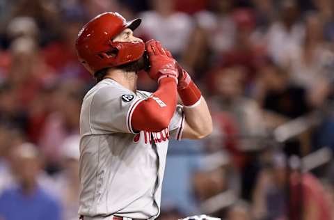 WASHINGTON, DC - AUGUST 03: Bryce Harper #3 of the Philadelphia Phillies celebrates after hitting a home run in the eighth inning against the Washington Nationals at Nationals Park on August 03, 2021 in Washington, DC. (Photo by Greg Fiume/Getty Images)