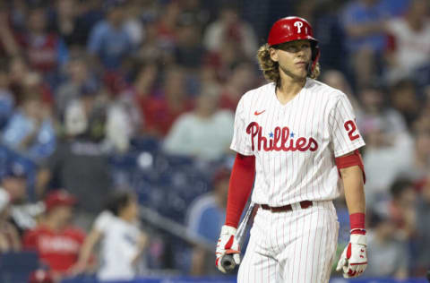 Alec Bohm of the Philadelphia Phillies looks on against the Los Angeles Dodgers at Citizens Bank Park on August 10, 2021 in Philadelphia, Pennsylvania. The Dodgers defeated the Phillies 5-0. (Photo by Mitchell Leff/Getty Images)