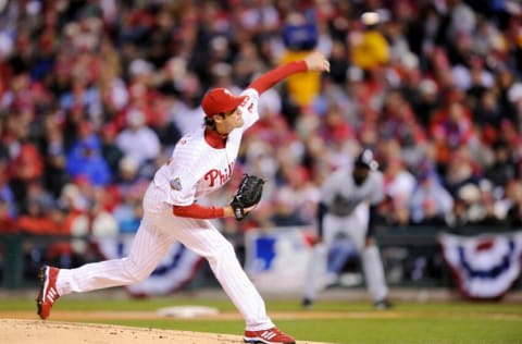 PHILADELPHIA - OCTOBER 27: Cole Hamels #35 of the Philadelphia Phillies pitches against the Tampa Bay Rays during game five of the 2008 World Series at Citizens Bank Park on October 27, 2008 in Philadelphia, Pennsylvania. (Photo by Rob Tringali/Sportschrome/Getty Images)