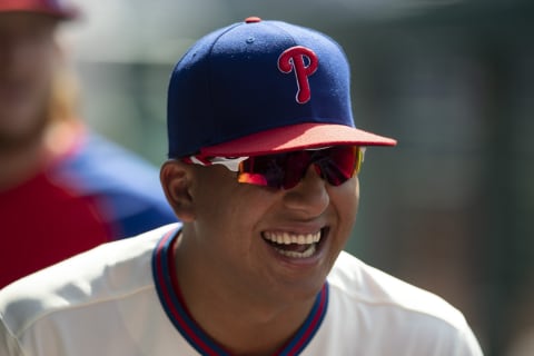 PHILADELPHIA, PA – JULY 16: Ranger Suarez #55 of the Philadelphia Phillies smiles prior to the game against the Miami Marlins during Game One of the doubleheader at Citizens Bank Park on July 16, 2021 in Philadelphia, Pennsylvania. The Phillies defeated the Marlins 5-2. (Photo by Mitchell Leff/Getty Images)